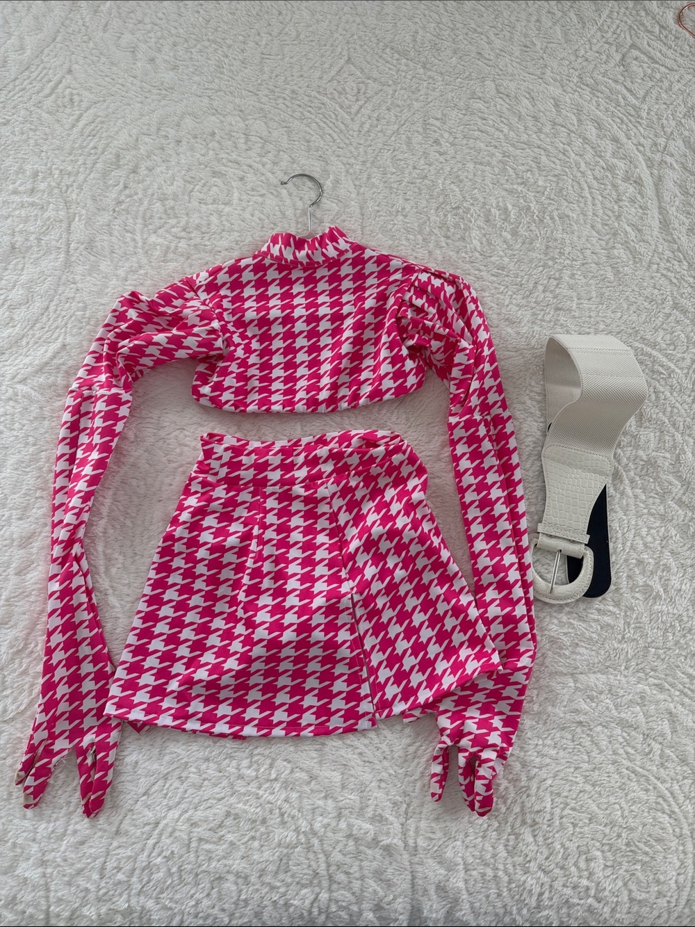 Pink Houndstooth Long-Sleeve Crop Top and Mini Skirt Set